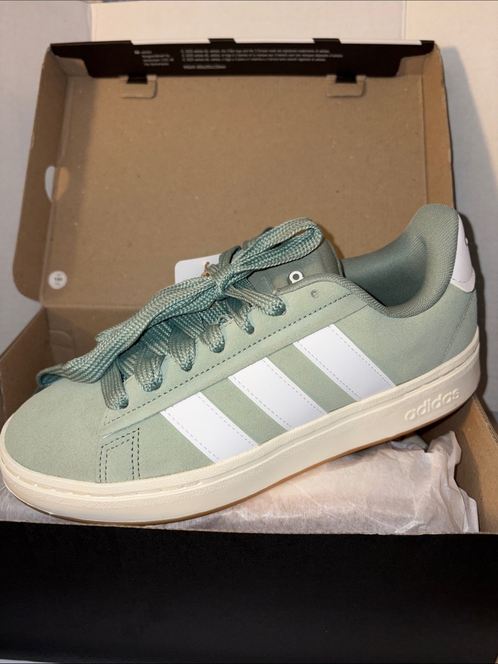 adidas Sage Green Suede Sneakers with White Stripes